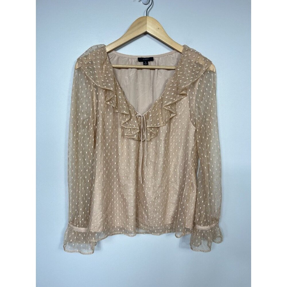 J Crew Blouse Small Victorian Nude Blush Sheer Swiss Dot Ruffle Romantic Fairy
